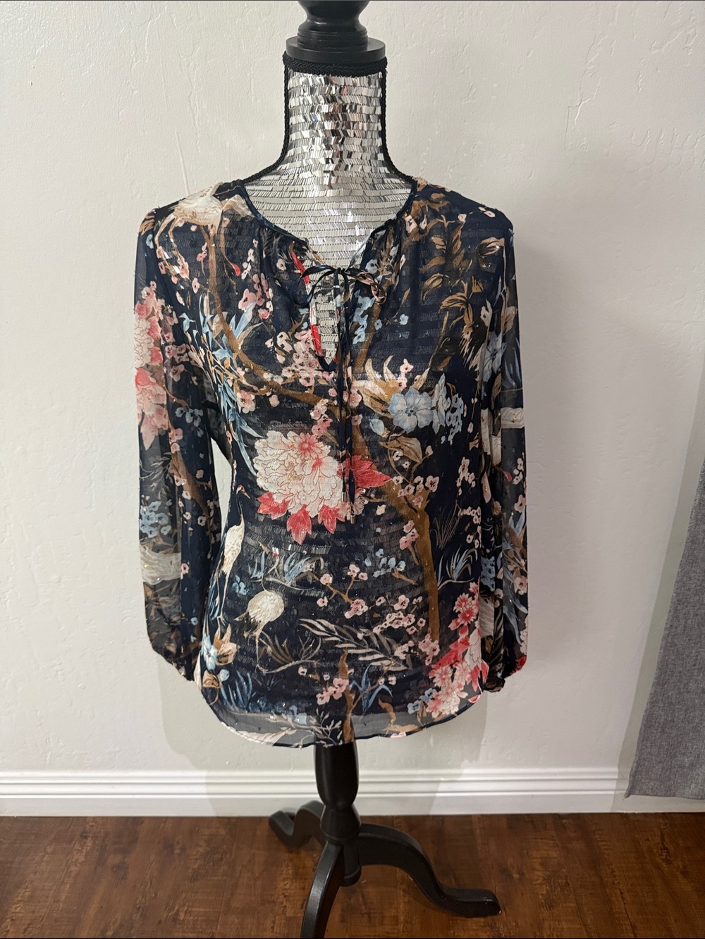 White House Black Market Navy Floral Lace-Up Long Sleeve Blouse
